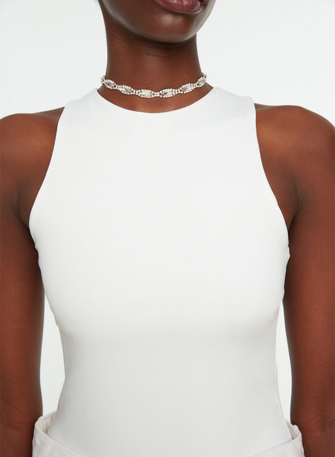 trendyol White Halter Neck Body-Smoothing Flexible Bottom Snap Knit Bodysuit  - Image 3