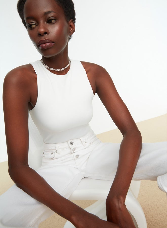 trendyol White Halter Neck Body-Smoothing Flexible Bottom Snap Knit Bodysuit  - Image 1