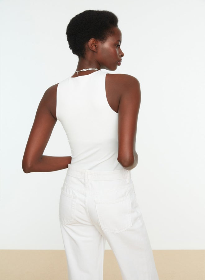 trendyol White Halter Neck Body-Smoothing Flexible Bottom Snap Knit Bodysuit  - Image 2