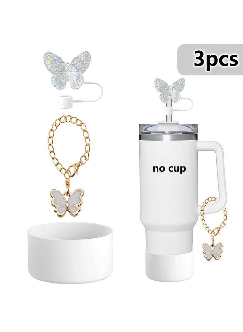 Generic Three-Piece Water Cup Butterfly Decorative Straw Cover Silicone Cup Cover Resin Butterfly Cup Chain Ins Key Pendant - White - Image 1