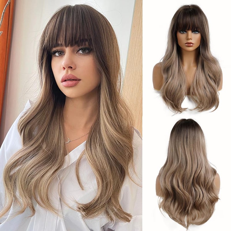 Esmee 24 Long Wavy Wigs with Bangs Dark Blonde Roots Light Brown Wigs for Women Long Wave Brown Ombre Hair with Blonde WigsHeatresistant synthetic wigs for daily parties and roleplaying