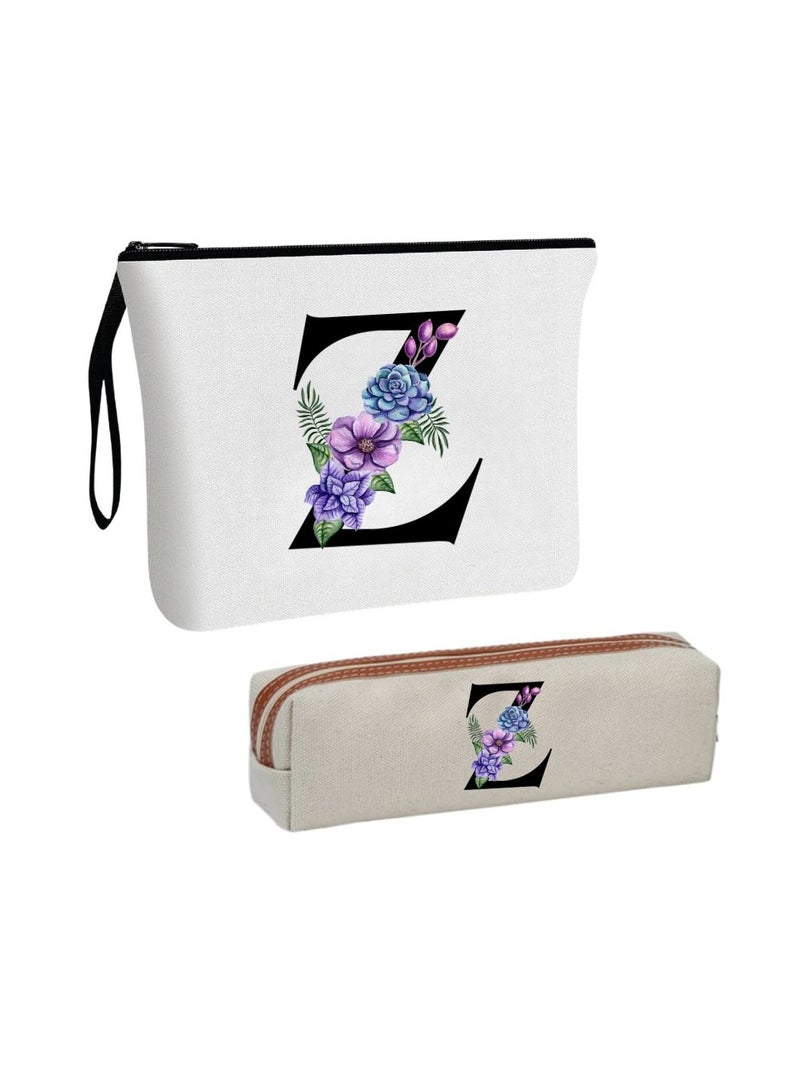 PRINTSHOP4ME Initial Monogram Cosmetic Bag And Floral Pencil Pouch-A-Z Letter Monogram Set For Girls&Women-Gift Set For Friends,Daughters Or Coworkers-Ideal For School,Work&Travel - Image 1