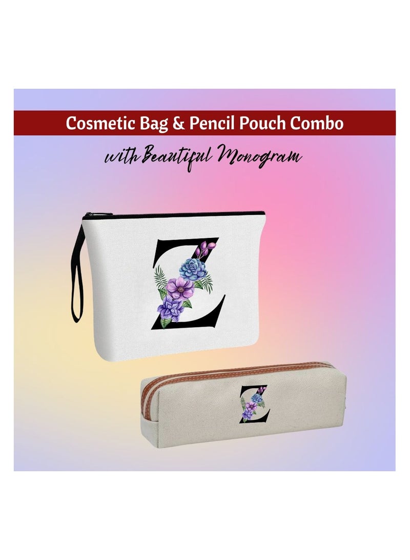 PRINTSHOP4ME Initial Monogram Cosmetic Bag And Floral Pencil Pouch-A-Z Letter Monogram Set For Girls&Women-Gift Set For Friends,Daughters Or Coworkers-Ideal For School,Work&Travel - Image 2
