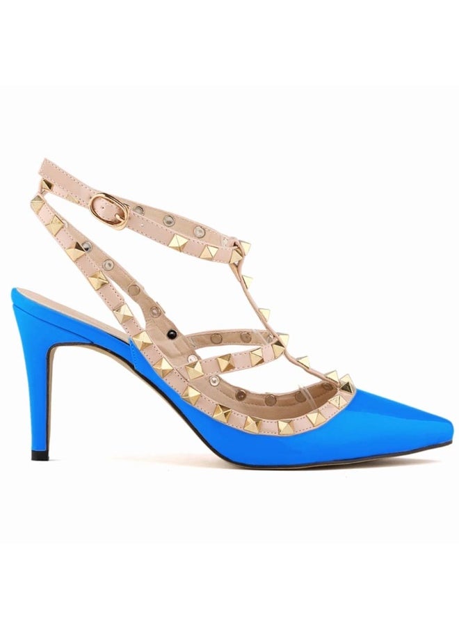 Loquat Pointed Toe Riveted Contrast Cut-Out Stiletto Heels 8cm Sky Blue  - Image 2