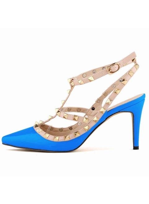 Pointed Toe Riveted Contrast Cut-Out Stiletto Heels 8cm Sky Blue