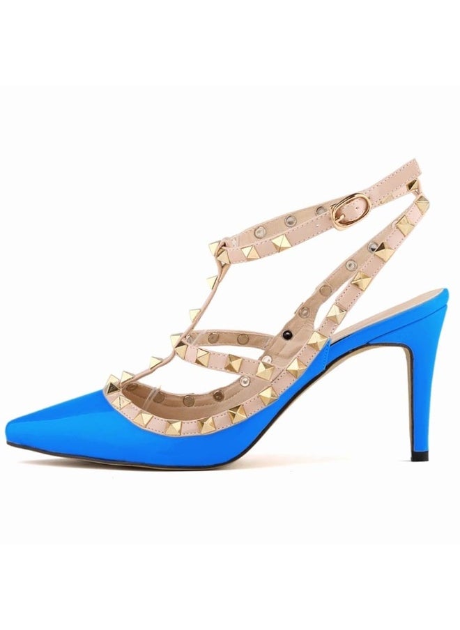 Loquat Pointed Toe Riveted Contrast Cut-Out Stiletto Heels 8cm Sky Blue  - Image 1