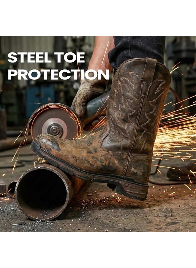 ANGRYRAM Cowboy Work Boots for Men Square Toe Leather Western Boot Waterproof Slip Resistant Indestructable Steel Toe Safety Boots for Men, Khaki, 13 - Image 4