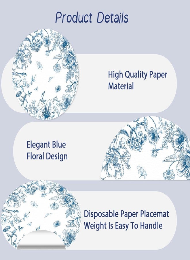 Tarklanda 50 Pack Paper Placemats Disposable Blue and White Placemats 13.7 Inch Vintage Blue Floral Place Mats Decorative Chinoiserie Round Table Mats for Dinner Table Setting Birthday Wedding Party Supplies - Image 3