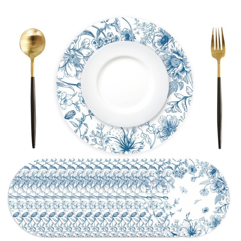 Tarklanda 50 Pack Paper Placemats Disposable Blue and White Placemats 13.7 Inch Vintage Blue Floral Place Mats Decorative Chinoiserie Round Table Mats for Dinner Table Setting Birthday Wedding Party Supplies - Image 1