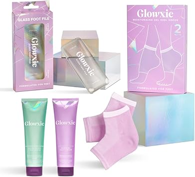 Glowxie Glowxie Full Glow Set Complete Home Pedicure Foot Care Set Features 1x Glass Foot File 1x Foot Scrub 150ml 1x Salicylic Acid Moisturising Foot Cream 150ml 2x Cracked Heel Gel Socks - Image 1
