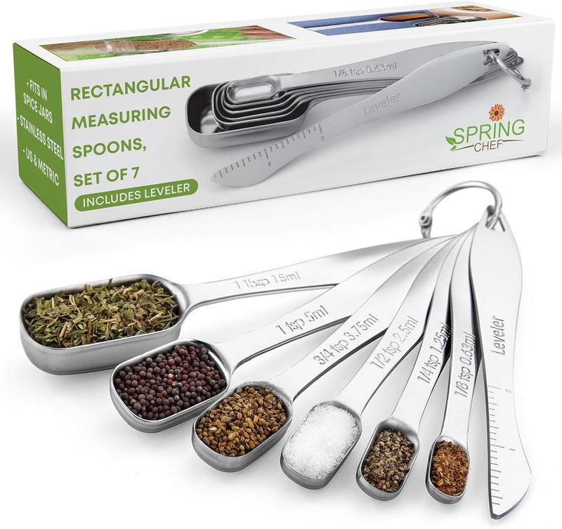 Spring Chef Stainless Steel Measuring Spoons Set of 7 with Leveler, Rectangular Metal Teaspoon & Tablespoon Measuring Spoons for Dry & Liquid Ingredients - Nesting Kitchen Gadgets For Baking & Cooking - Image 1