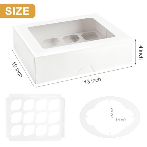 Kucoele 12 Count Cupcake Boxes 2 Pack White Cupcake Containers with Windows and Inserts Disposable Cupcake Carriers for Muffins Treats Pastries 13 x 10 x 4 Inches - Image 3