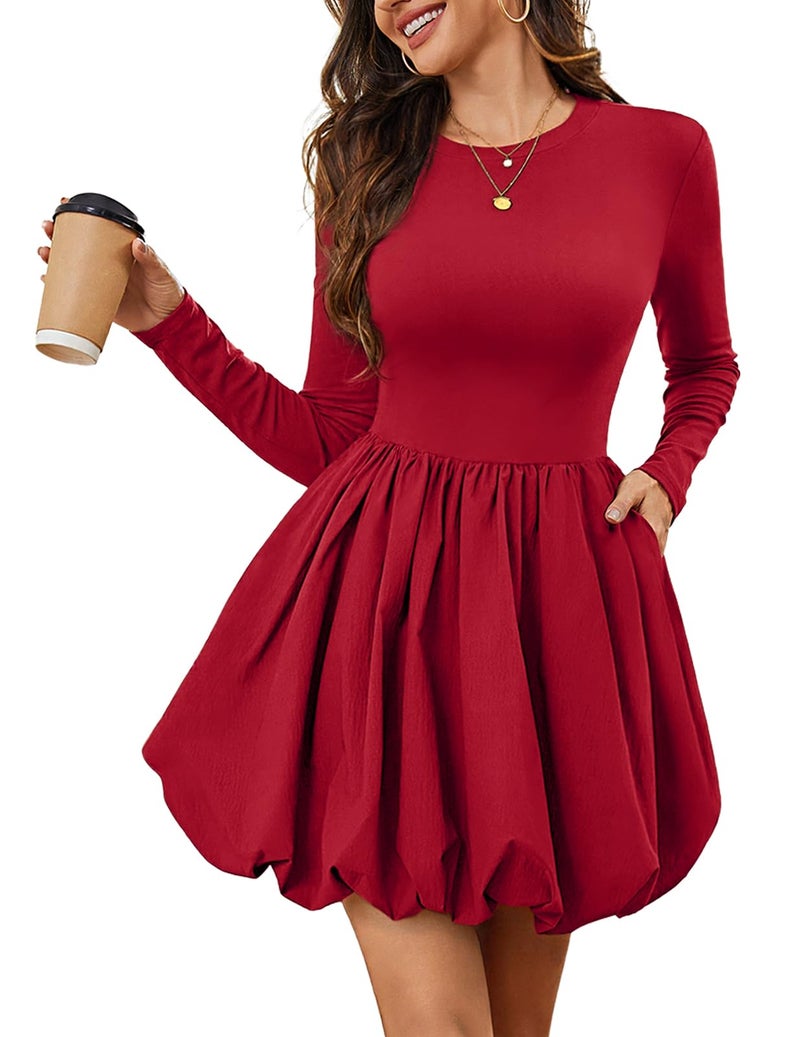 Meetjen Women's Bubble Mini Dress 2026 Fancy Knee Length Long Sleeve Ladies Short Cocktail Dresses Vestidos Elegantes De Mujer para Fiesta Red XL - Image 1
