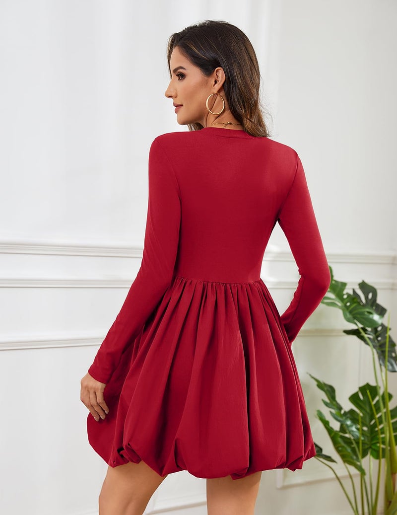 Meetjen Women's Bubble Mini Dress 2026 Fancy Knee Length Long Sleeve Ladies Short Cocktail Dresses Vestidos Elegantes De Mujer para Fiesta Red XL - Image 2