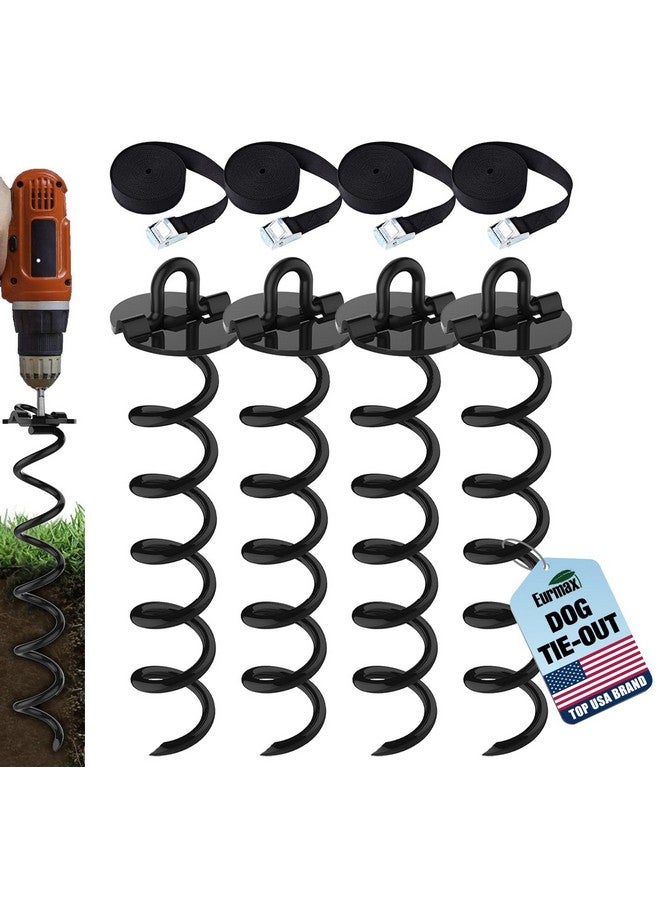 Eurmax USA 4-Pc Pack Spiral Stakes Heavy Duty Anchor Kit Ice Screw Anchor for Trampoline, Tents, tarps, Canopies,car Ports,Dog tie Out and etc Bonus Tie Down Straps 4-Pc Pack (Black) - Image 1