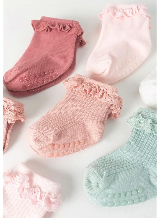Toddler Girls Anti Slip Socks - Non Skid Frilly Ruffle Design with Grips for Baby 0-3 Years (Pack of 8) - Image 4