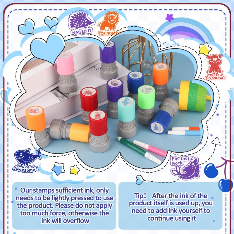 LOTMER 12 Pcs Teacher Stamps for Classroom, Self-Inking Rubber Colorful Stamps Classroom Rubber Stamp for Grading Homework Test Motivation Students Supplies - Image 3