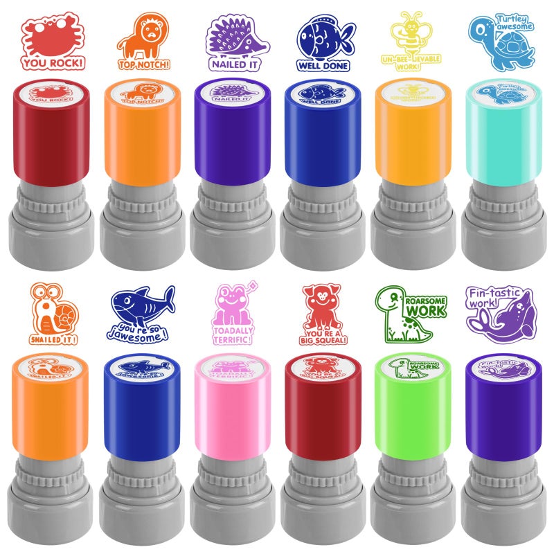 LOTMER 12 Pcs Teacher Stamps for Classroom, Self-Inking Rubber Colorful Stamps Classroom Rubber Stamp for Grading Homework Test Motivation Students Supplies - Image 1