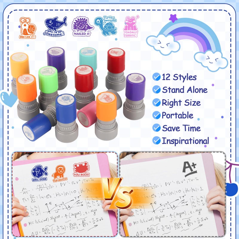 LOTMER 12 Pcs Teacher Stamps for Classroom, Self-Inking Rubber Colorful Stamps Classroom Rubber Stamp for Grading Homework Test Motivation Students Supplies - Image 4