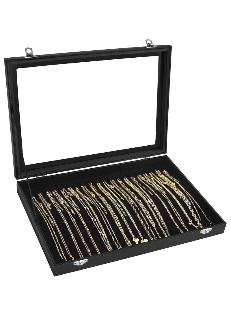 Soofam Organizer Box with Clear Lid Velvet Tray for Jewelry Storage Display Case, 20 Hooks Glass Top Drawer Insert Necklaces Pendants Dustproof Necklace Jewelry Box Organizer & Tray (Black) - Image 1