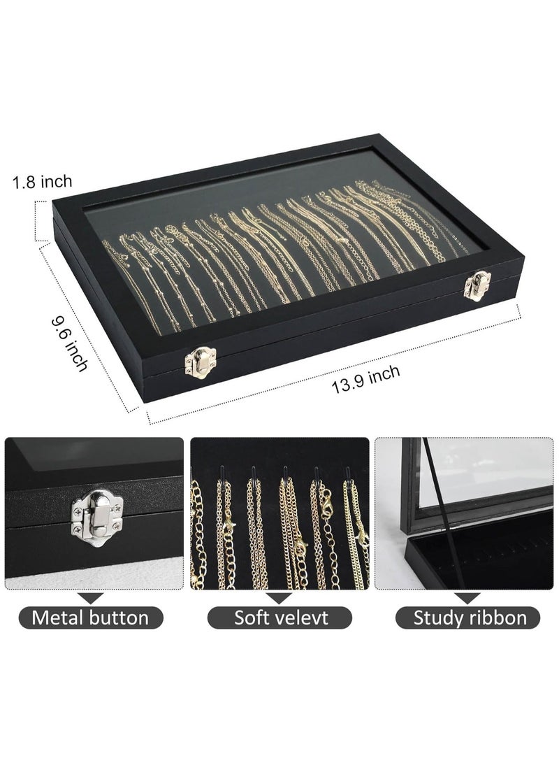 Soofam Organizer Box with Clear Lid Velvet Tray for Jewelry Storage Display Case, 20 Hooks Glass Top Drawer Insert Necklaces Pendants Dustproof Necklace Jewelry Box Organizer & Tray (Black) - Image 3