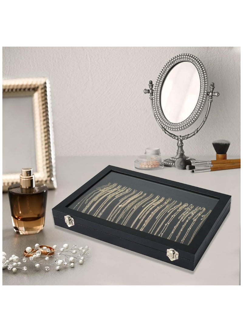 Soofam Organizer Box with Clear Lid Velvet Tray for Jewelry Storage Display Case, 20 Hooks Glass Top Drawer Insert Necklaces Pendants Dustproof Necklace Jewelry Box Organizer & Tray (Black) - Image 4