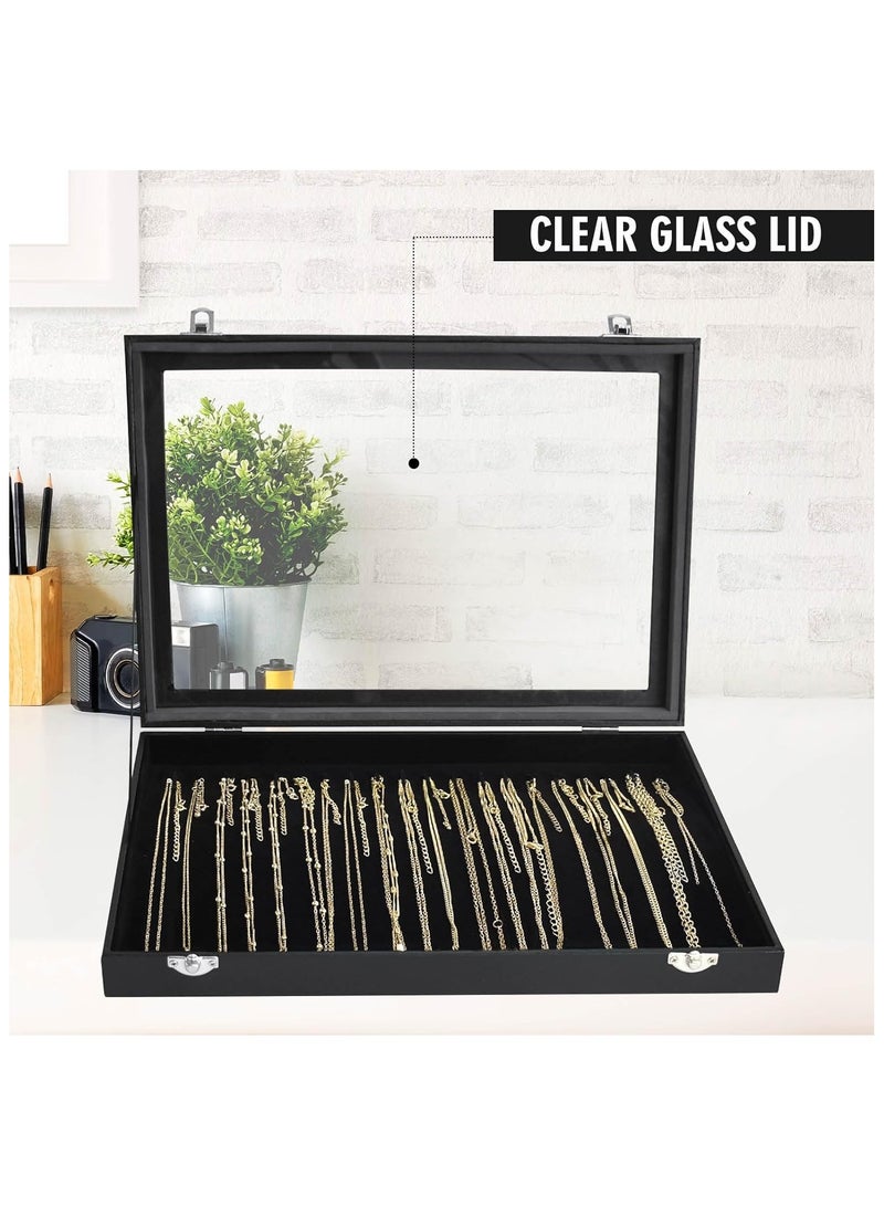 Soofam Organizer Box with Clear Lid Velvet Tray for Jewelry Storage Display Case, 20 Hooks Glass Top Drawer Insert Necklaces Pendants Dustproof Necklace Jewelry Box Organizer & Tray (Black) - Image 5