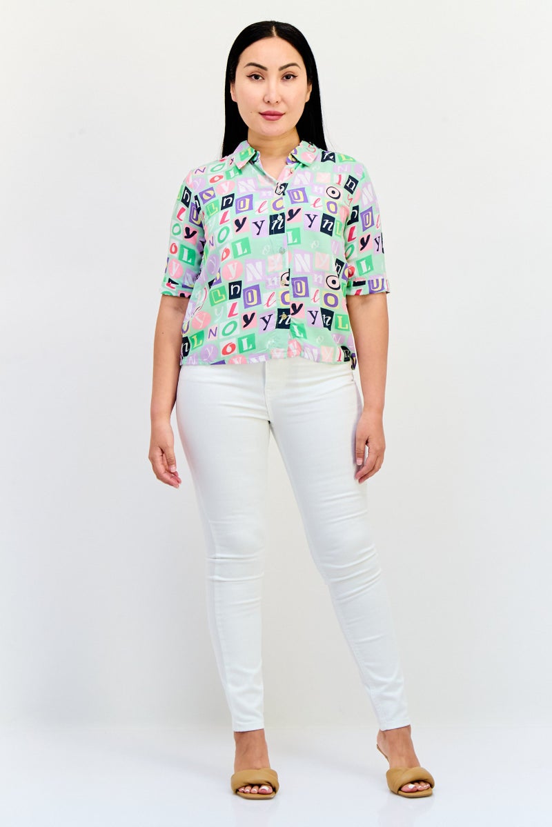 ONLY Women Spread Collar Short Sleeve Allover Print Shirt, Multicolor  - Image 4