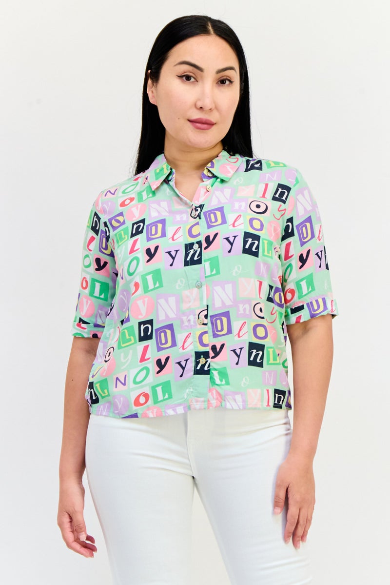 ONLY Women Spread Collar Short Sleeve Allover Print Shirt, Multicolor  - Image 1