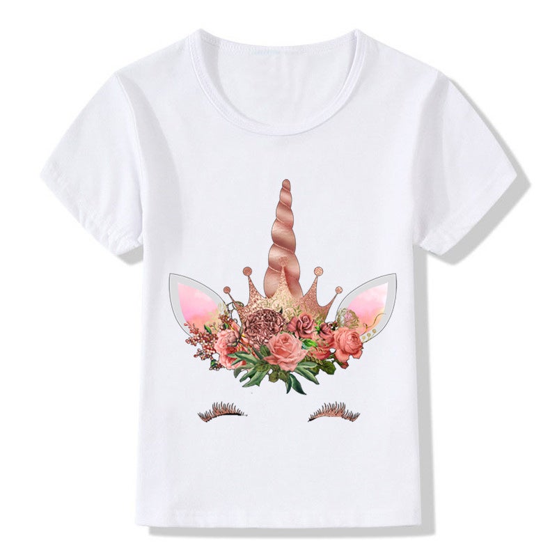 Adult children eyelash ears unicorn horn printed white T-shirt short sleeve women's wish/ - Image 1