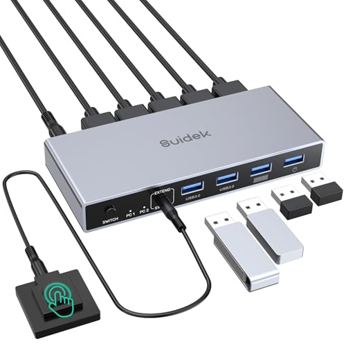 SUIDEK HDMI KVM Switch 1 Monitor 2 Computers, 4K@60Hz USB 3.0 KVM Switcher with 4 USB Ports for 2 Computers Share Keyboard Mouse Printer, Include Desktop Controller, and Power Adapter - Image 1