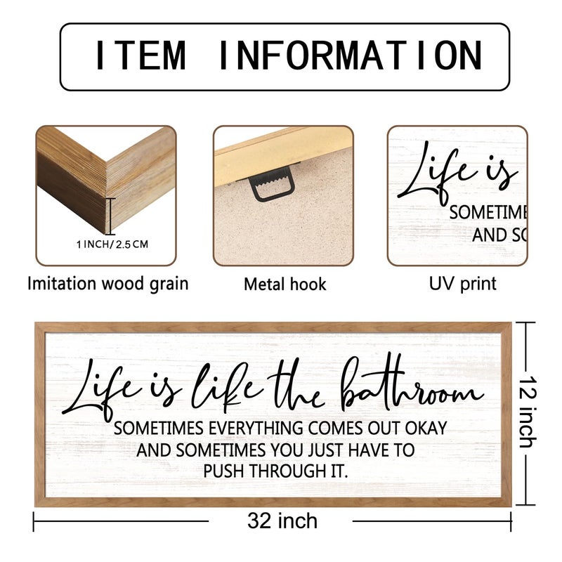 Cpcdaosk Life is Like the Bathroom Wooden Sign Framed Wall Art, 32''Ã—12'' Horizontal Inspirational Quote Wood Plaque above the Bathtub, Farmhouse Long Motivational Saying Wood Sign Wall Decor for Bathhouse - Image 2