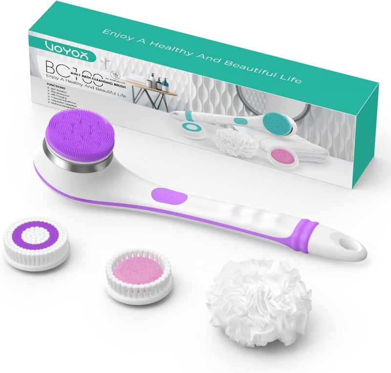 VOYOR Electric Body Brush Back Scrubber for Shower Rechargeable Exfoliating Bath Brush Powered Shower Brush with Non-Slip Long Handle Deep Cleansing, Exfoliation, Massaging Spin Brush BC100 (Purple)