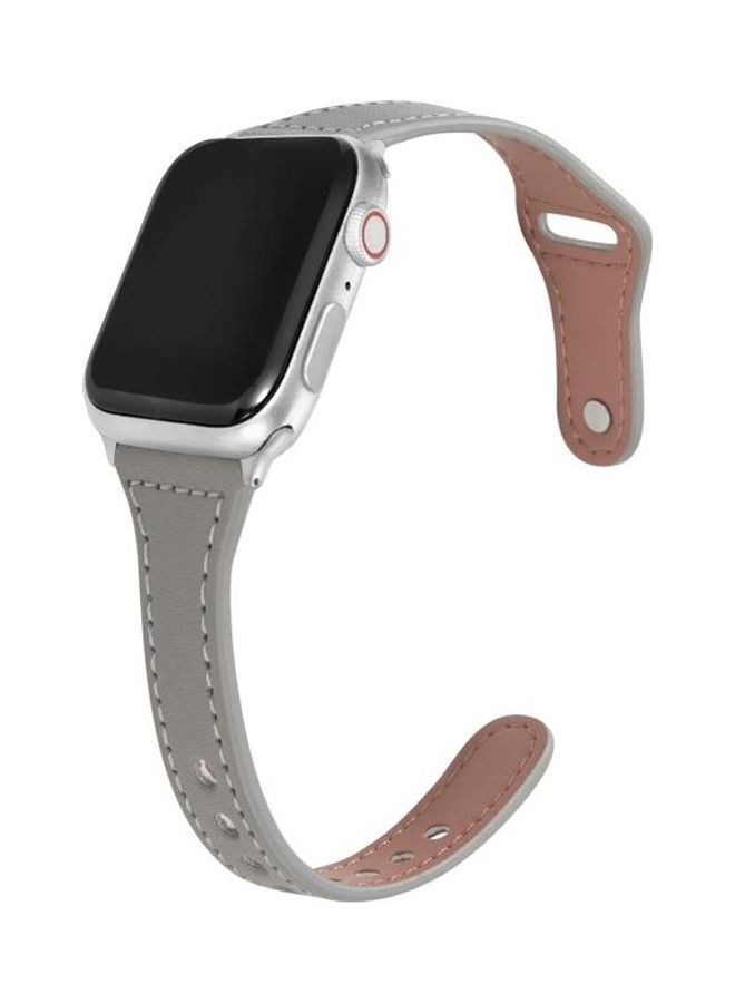 NIBEMINENT T-shaped Thin Reverse Buckle Leather Watch Strap For Apple Series 7/6/5/4/3/2/1/SE 42/44/45mm Grey - Image 3