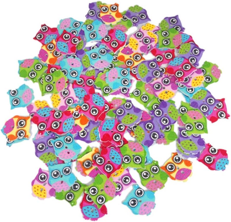 klarako 100pcs Colorful Wooden Craft Buttons Cartoon Owl Buttons 2 Holes Sewing Buttons for Sewing Crafts Scrapbooking - Image 1