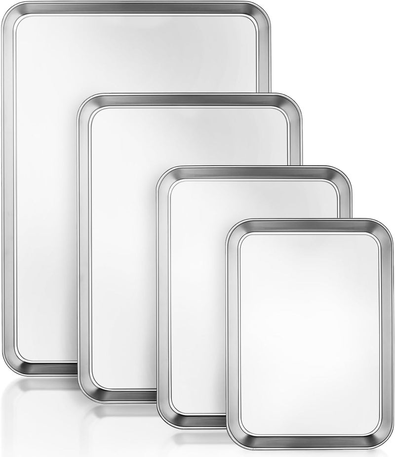 Wildone Baking Tray Set of 4, Essentials Stainless Steel Oven Tray Sets, Easy Cleaning Rectangle Sheet Oven Tray for Baking Cooking, Non Toxic, Rust Free, Dishwasher Safe (Large Size) - Image 1