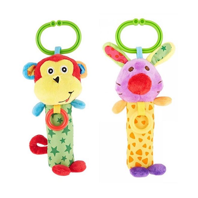 Pixie Monkey & Rabbit Rattle Toy Set - Sensory Developmental Toys for Babies, Colorful Multi-Touch Textured, 0M+