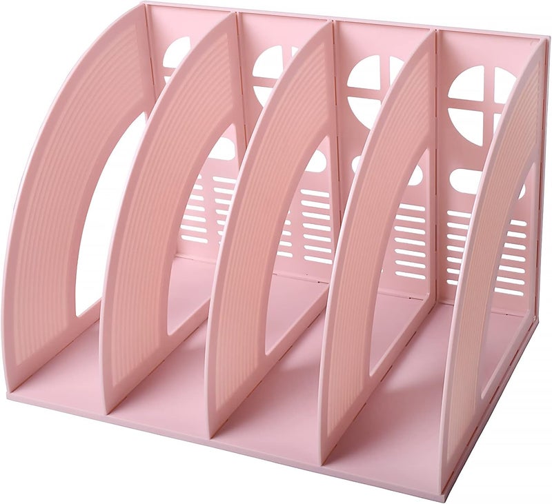 SAYEEC Magazine File Holder Folder Storage Desktop 4 Compartment Standing Hollow Pink Files Bookshelf Organizer Office Racks Displays Holds Notebooks Documents for School Working Students - Image 1