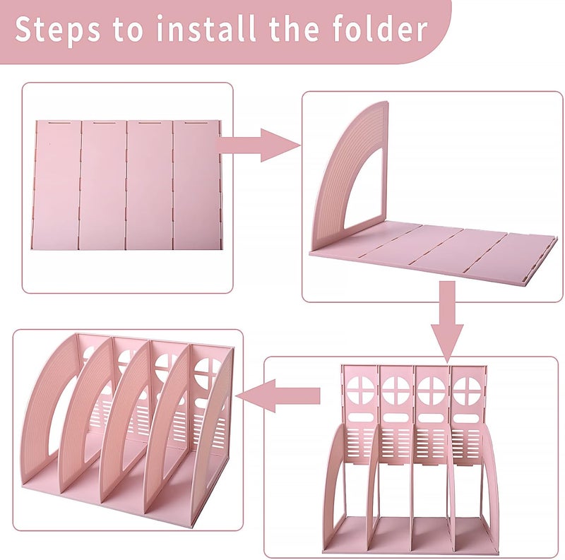 SAYEEC Magazine File Holder Folder Storage Desktop 4 Compartment Standing Hollow Pink Files Bookshelf Organizer Office Racks Displays Holds Notebooks Documents for School Working Students - Image 5