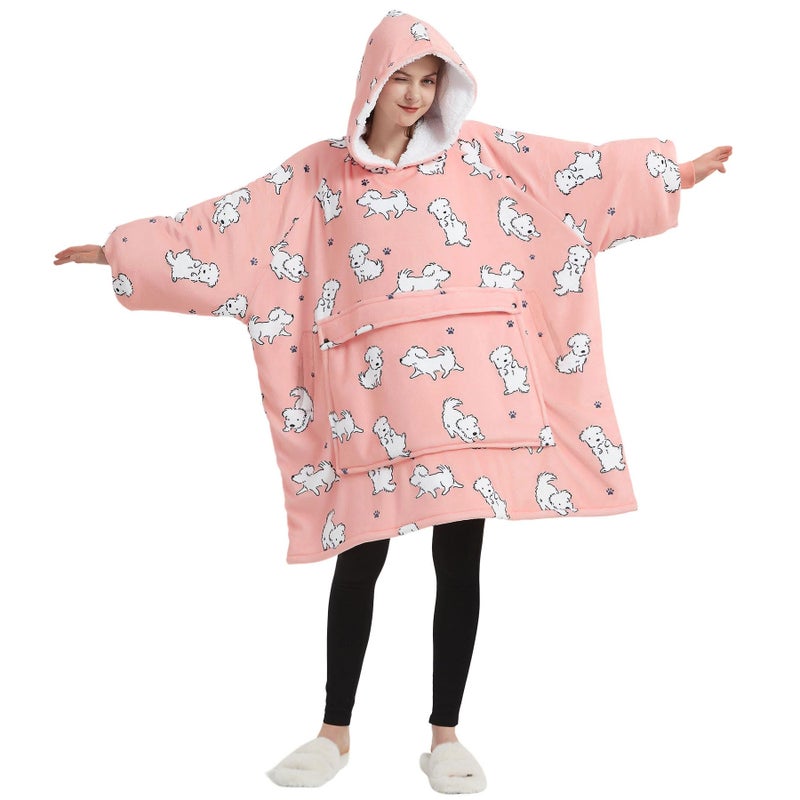KFUBUO Wearable Blanket Hoodie for Adult Sherpa Dog Patterns Oversized Hoodie Sweatshirt Blanket with Pockets Birthday Gifts for Women - Image 3