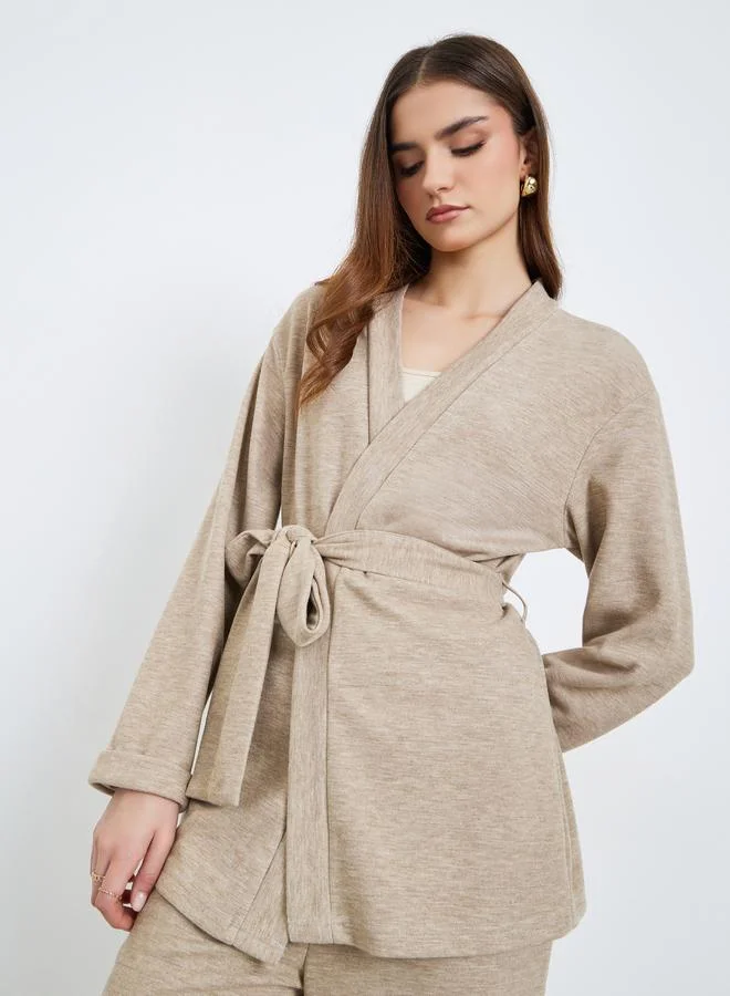 Styli Women Beige Longline Belted Cardigan and Pants Co-Ords
