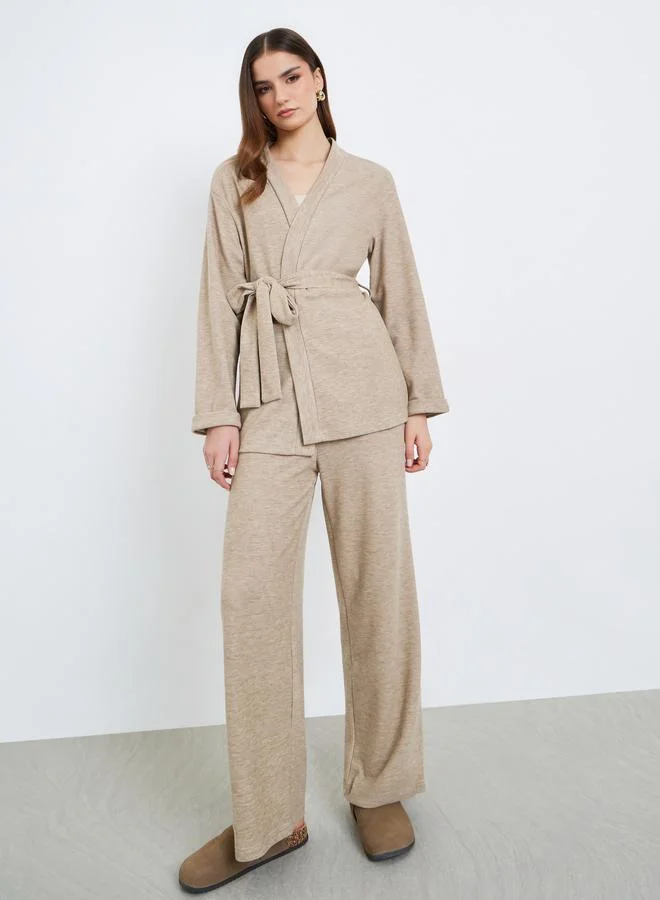 Styli Women Beige Longline Belted Cardigan and Pants Co-Ords