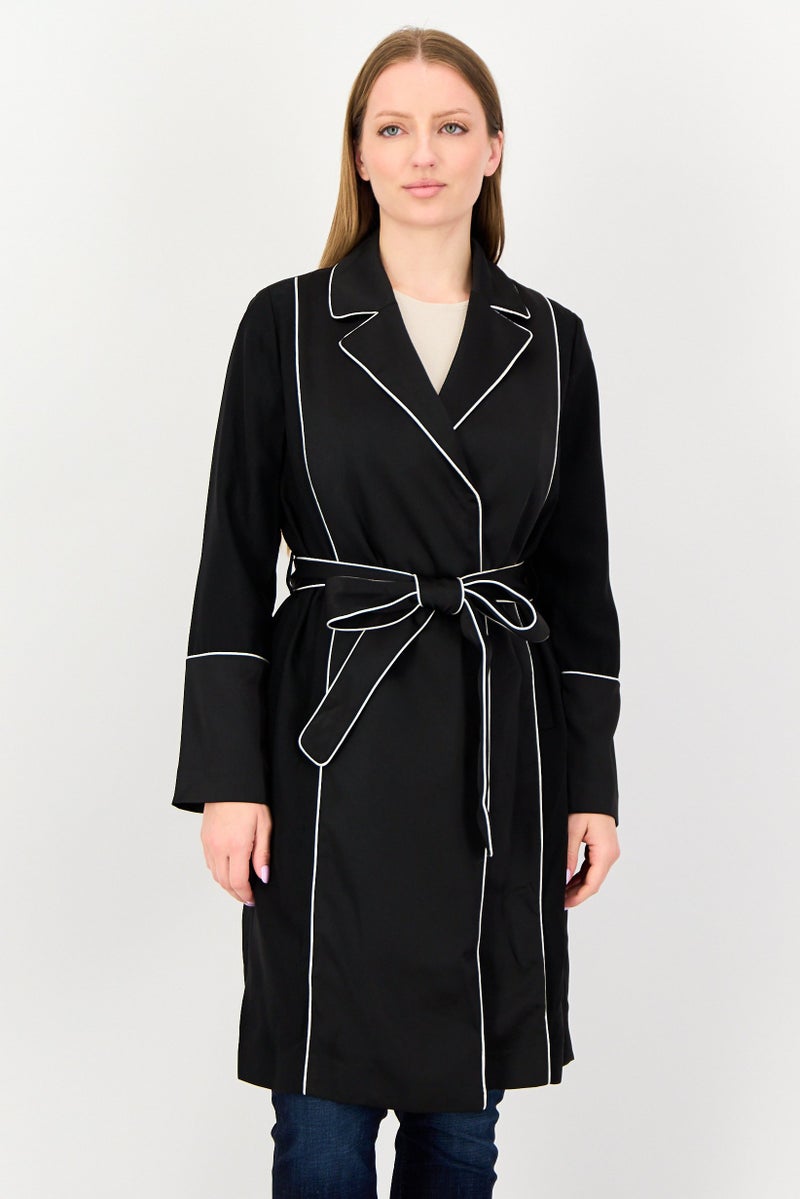 SELECTED Women Solid Belted Trench Coat, Black - Image 1