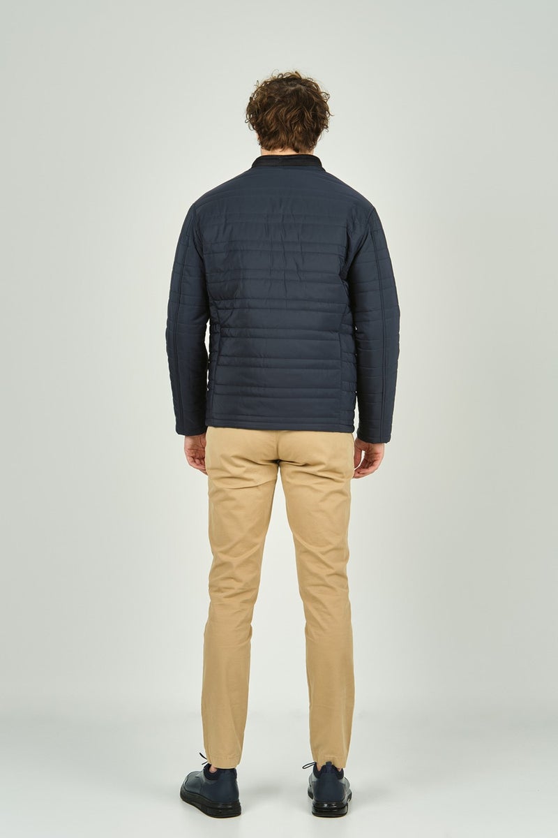 LUCAS Men's Stand Collar Leather Piping Quilted Coat 4706 Navy Blue  - Image 4