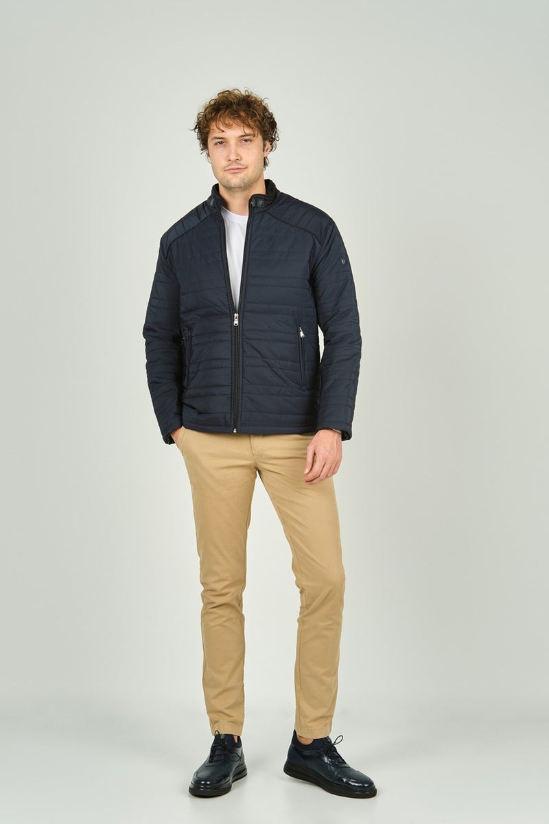 LUCAS Men's Stand Collar Leather Piping Quilted Coat 4706 Navy Blue  - Image 3