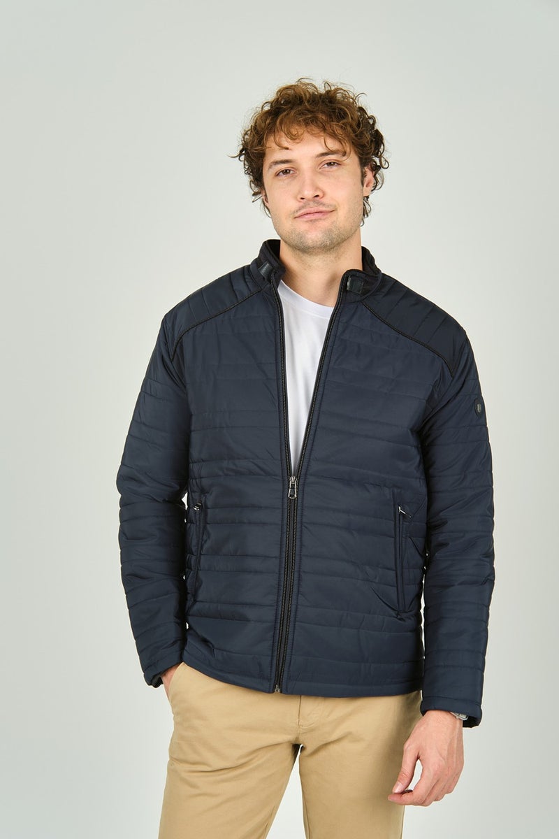 LUCAS Men's Stand Collar Leather Piping Quilted Coat 4706 Navy Blue  - Image 1