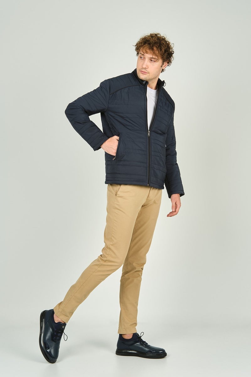 LUCAS Men's Stand Collar Leather Piping Quilted Coat 4706 Navy Blue  - Image 2