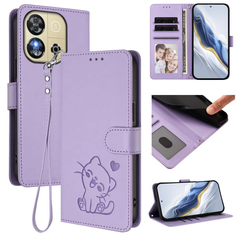 erorex For Oukitel C57S / C57 Pro / Blu J12 Embossed  Cat Leather Phone Case with Hand Strap(Light Purple) - Image 1