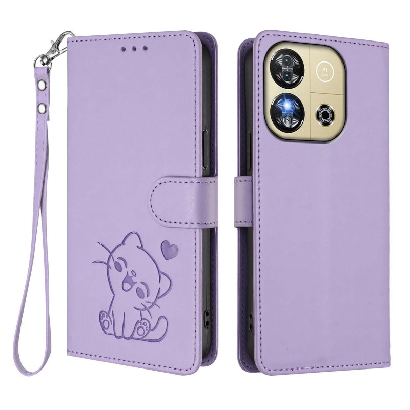 erorex For Oukitel C57S / C57 Pro / Blu J12 Embossed  Cat Leather Phone Case with Hand Strap(Light Purple) - Image 2