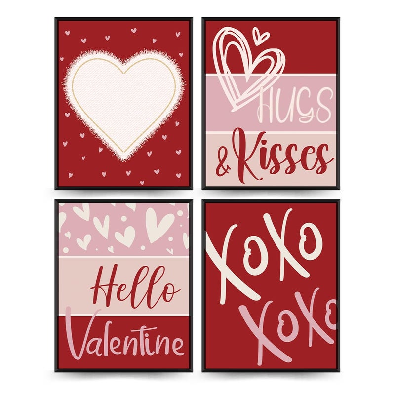 PLKMN Valentine's Day Wall Art Prints,Red Pink Love Heart Posters Decorative Sweet Art Poster for Valentines Wedding Home Room Gallery Living Room Decor 8x10 Inch Set of 4 Unframed - Image 1